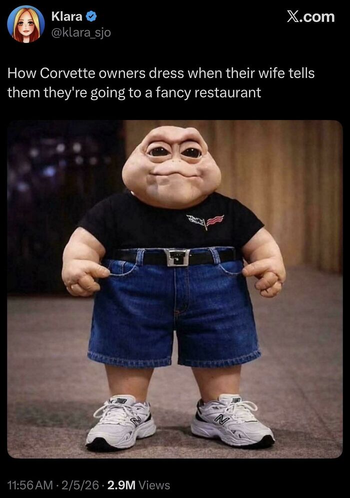 Humorous post showing a funny character dressed in casual clothes, part of chaotic and hilarious X posts collection.