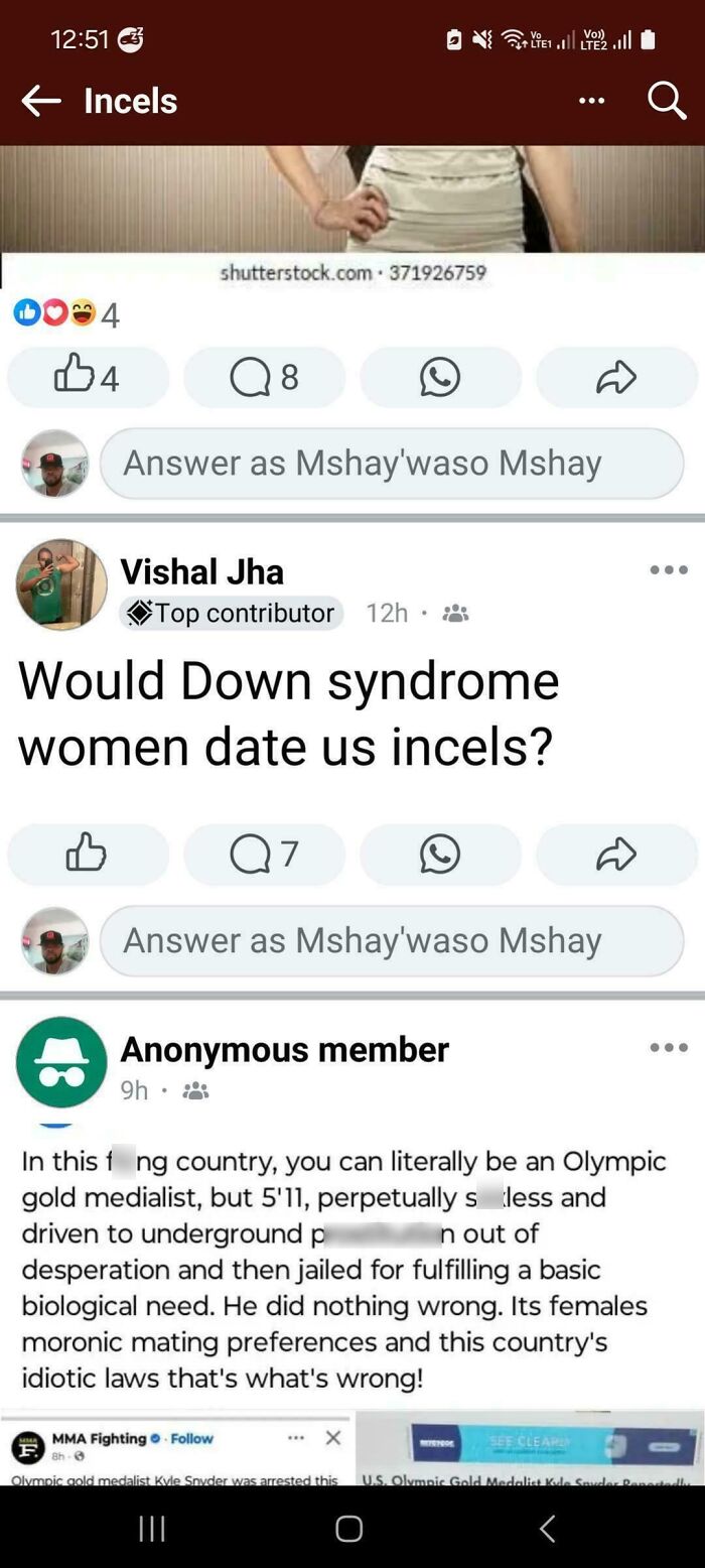 Screenshot of an online incel discussion with controversial comments showing angry incels shamed in social media posts.