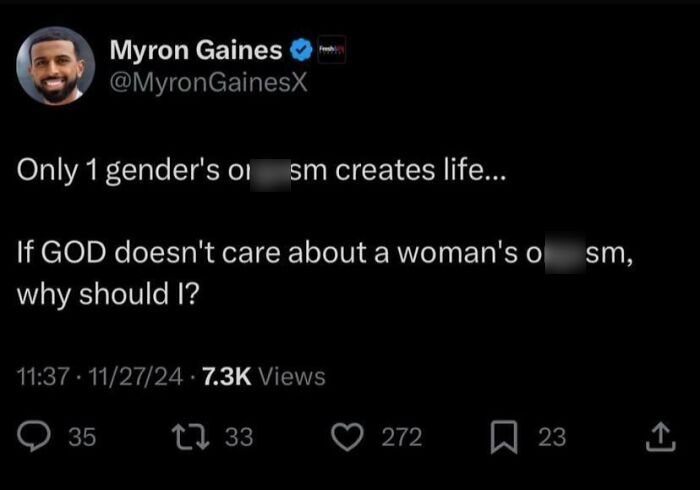 Tweet by Myron Gaines shaming incels, discussing gender and views, highlighting online backlash against angry incels.