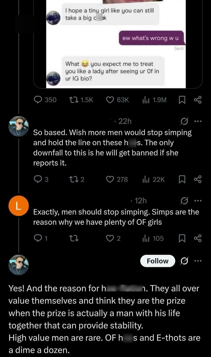 Screenshot of online angry incel comments shamed in a heated Twitter thread about OF girls and high value men.