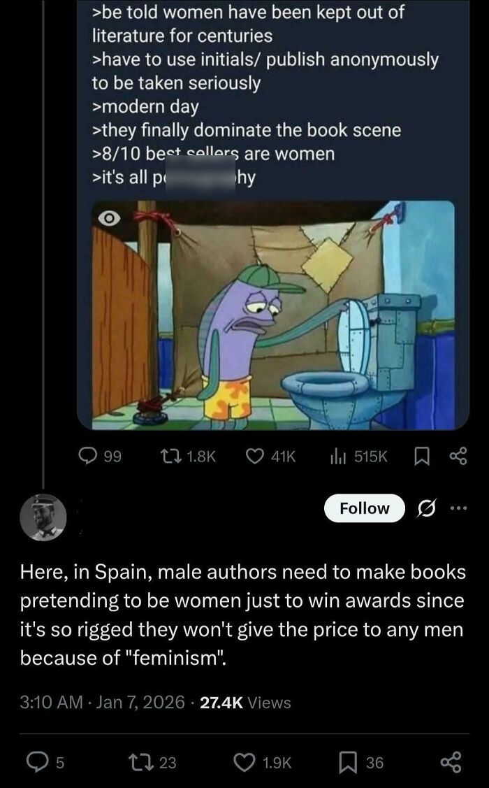 Tweet about male authors in Spain using female pseudonyms to win awards, with an angry incel meme from a cartoon.