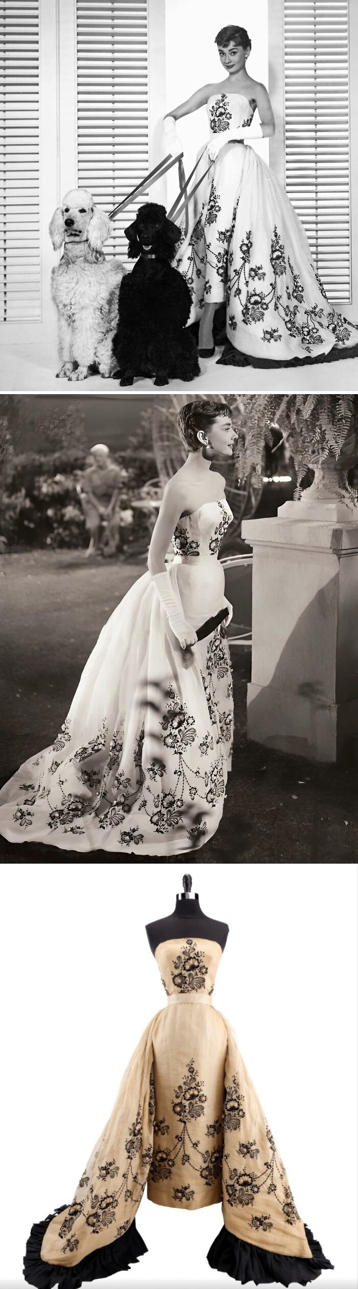 Vintage historical garment with floral embroidery and dramatic train showcased on model and mannequin in black and white photos.
