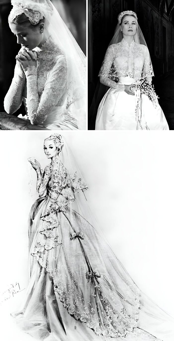 Collage of historical garments featuring intricate lace wedding dresses and vintage bridal styles in black and white.