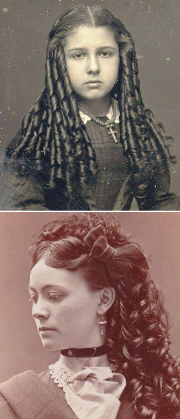 Two vintage portraits of women with intricate hairstyles wearing historical garments from the 19th century fashion era.