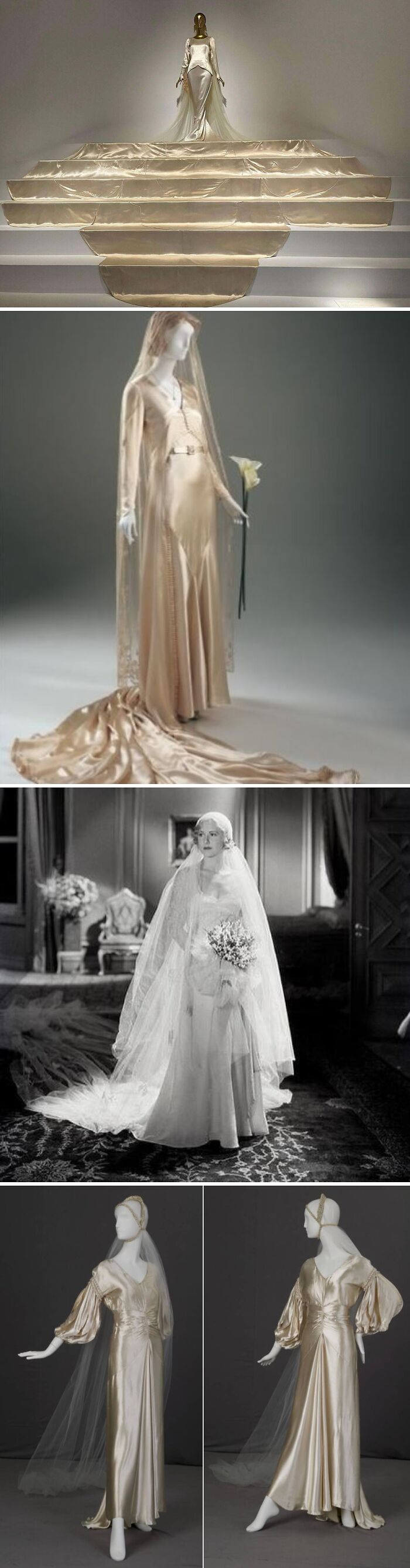 Collection of historical garments featuring elegant vintage bridal gowns with long trains and veils on mannequins and in classic settings