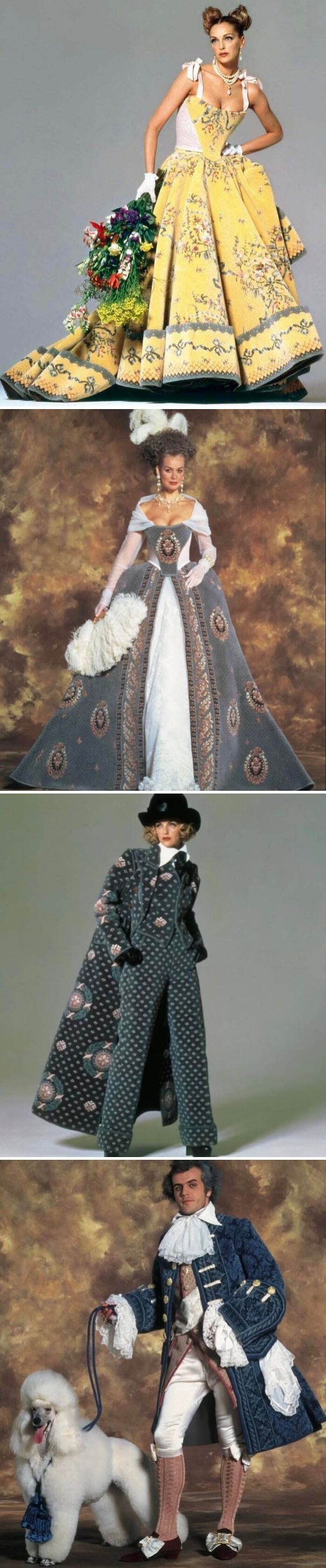 Models wearing elaborate historical garments including floral gowns, patterned suits, and 18th-century style coats with a white poodle.