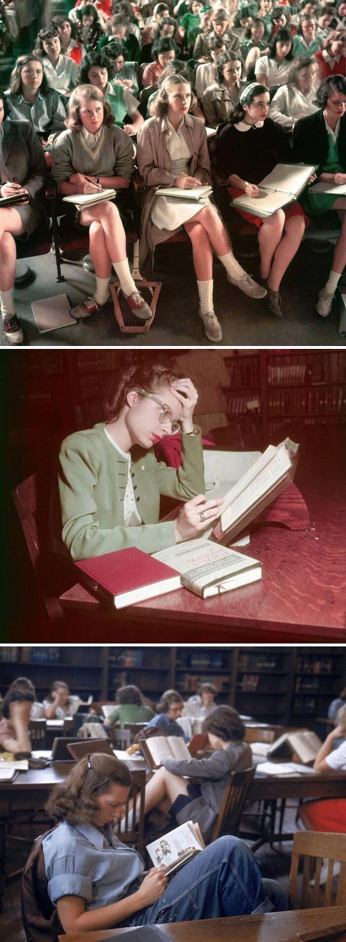 Students wearing historical garments from mid-20th century in classroom and library settings, showcasing vintage fashion styles.