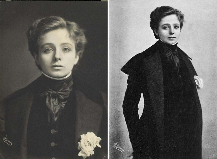 Black and white photos showing historical garments featuring high collars, bow ties, and floral accessories from the early 1900s.