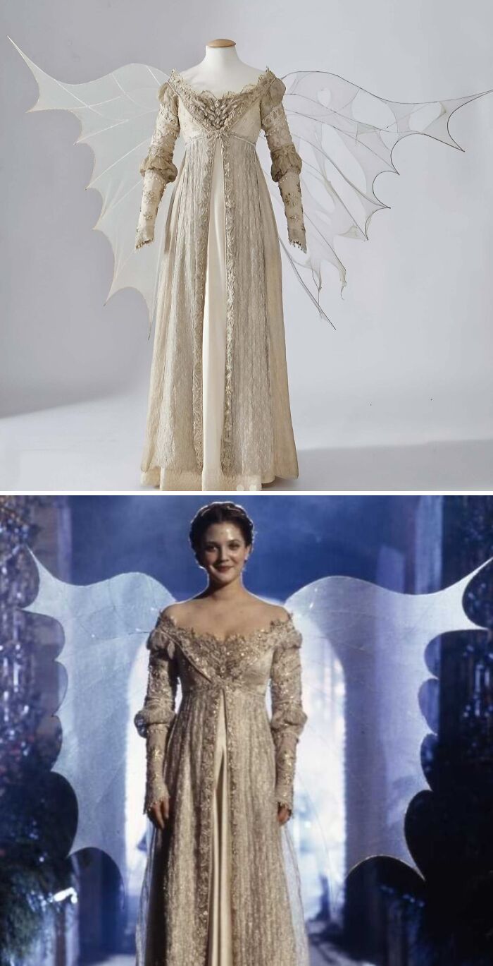 Vintage fairy-inspired gown with delicate lace and wing-like adornments, a stunning example of historical garments today.