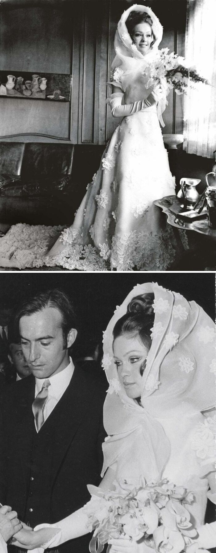 Vintage historical garments featuring an elaborate floral wedding dress with matching veil and gloves.