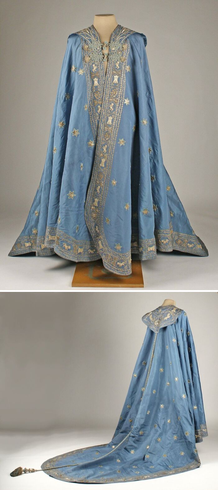 Blue historical garment with detailed gold embroidery and a long train displayed on a mannequin from front and back.