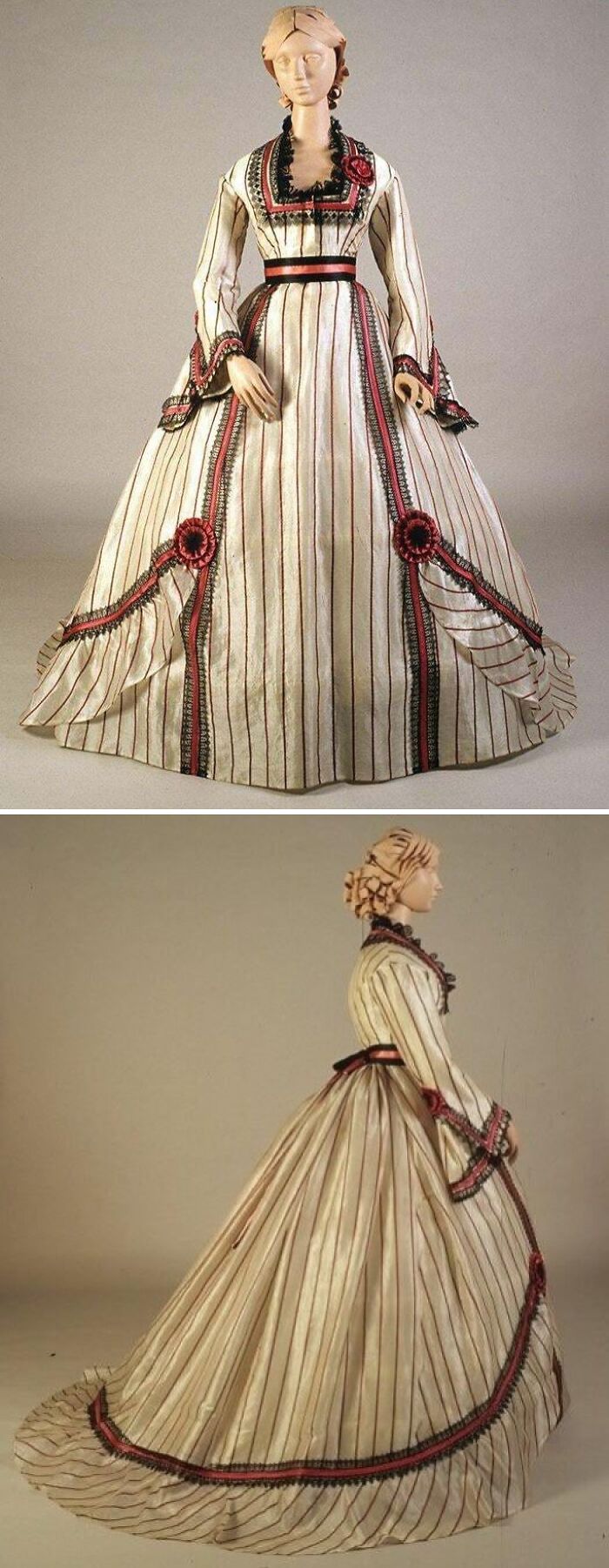 Victorian historical garment with striped cream fabric, red and black trims, and detailed floral accents on mannequin.