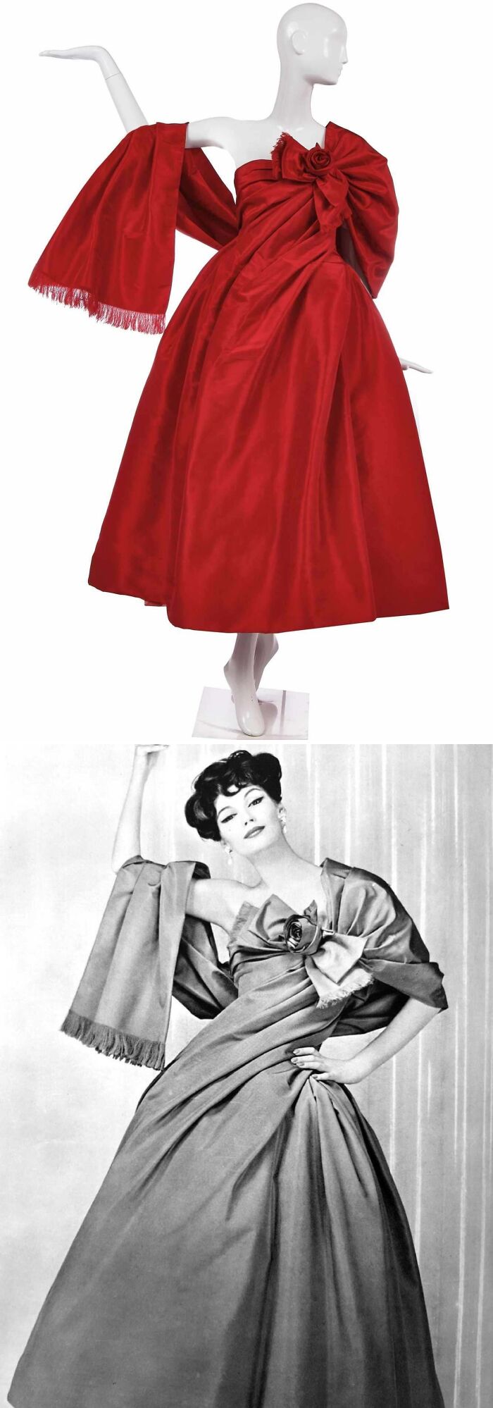 Vintage historical garment in bold red silk with oversized bow and shawl, displayed on mannequin and model pose.