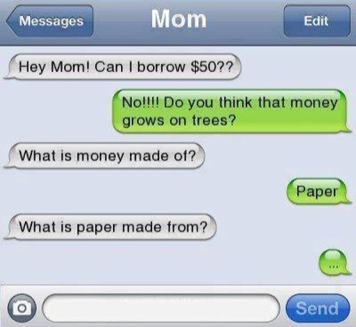 Text conversation between a mom and child, showcasing hilarious and relatable text messages about borrowing money.