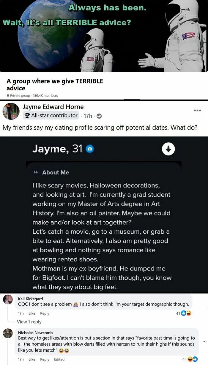 Meme of astronauts and a Facebook group post showing funny, weird dating profile advice from a popular internet group.