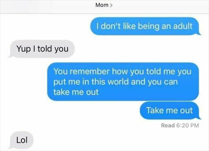 Text conversation with hilarious screenshots showing a funny exchange about adulthood between a mom and child.
