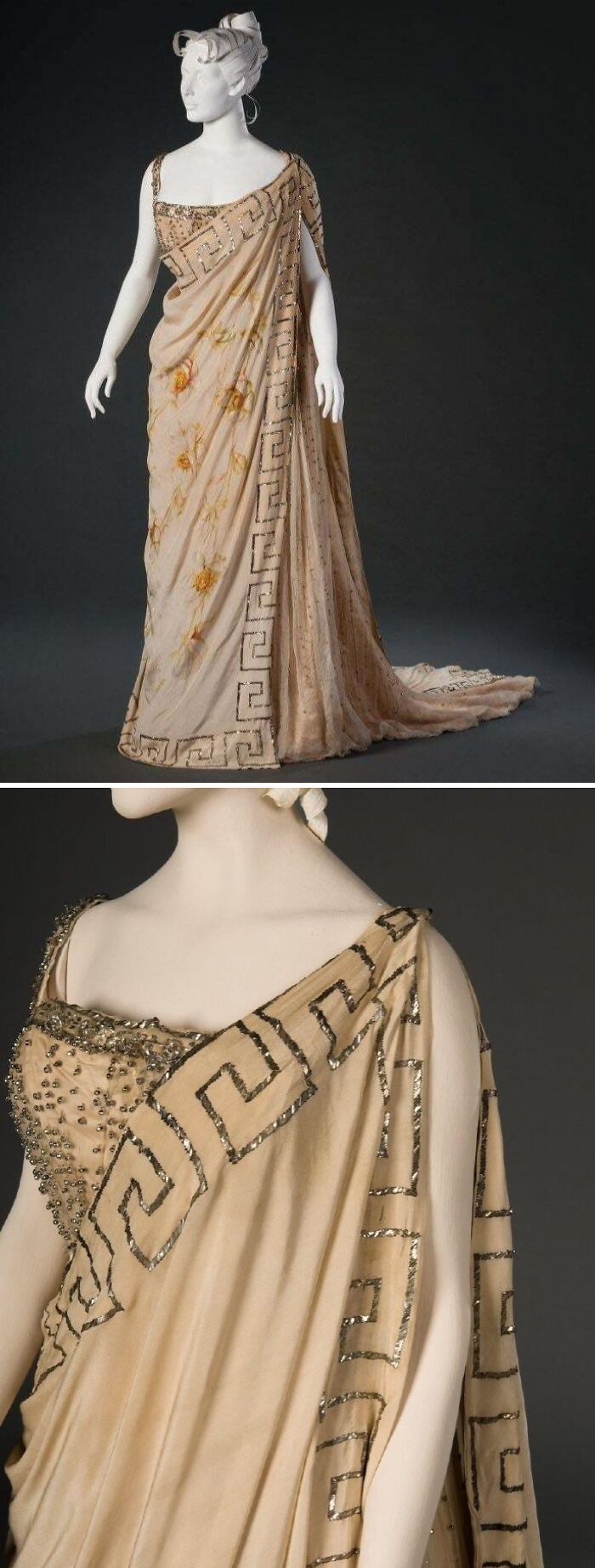 Beige historical garment with intricate beadwork and floral patterns displayed on a mannequin in studio lighting.