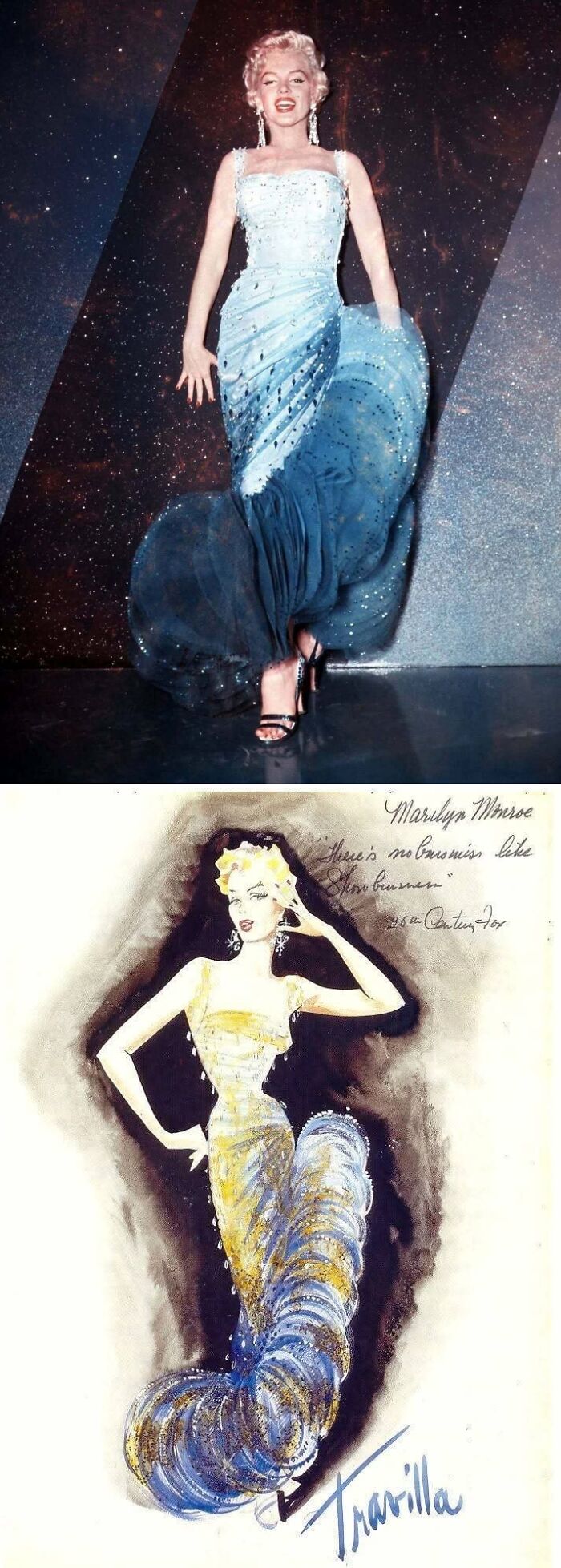 Marilyn Monroe wearing a sparkling vintage gown paired with a detailed historical garment fashion illustration.