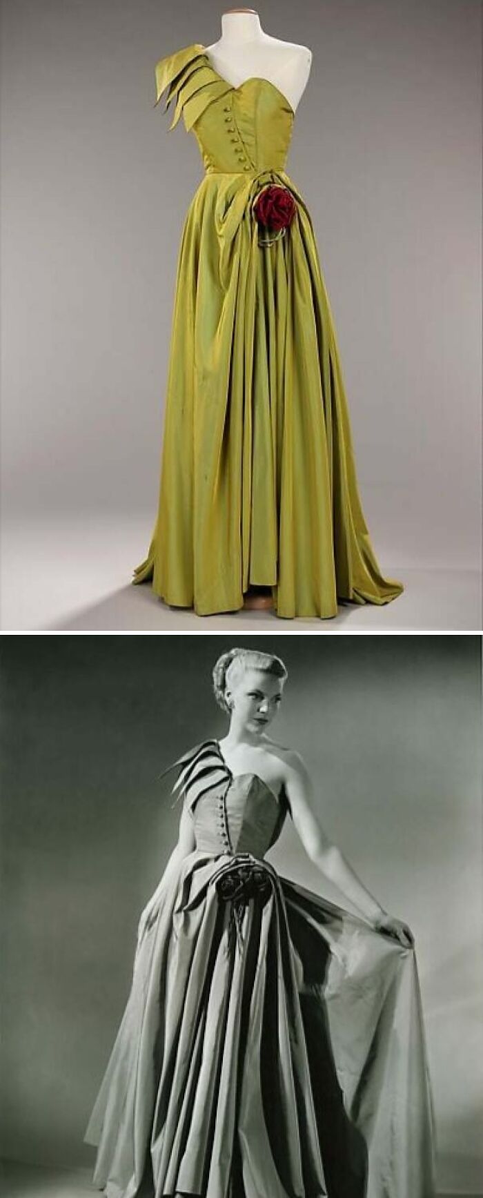 Vintage historical garment in green with asymmetrical shoulder and floral accent, showcased on mannequin and worn by a model.