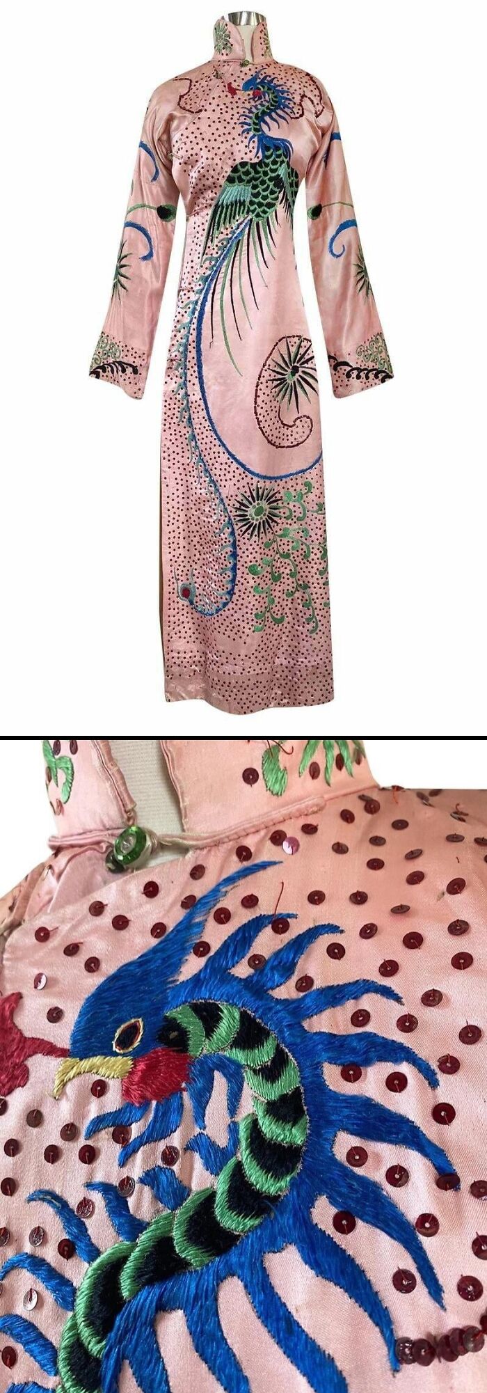 Pink historical garment with embroidered colorful phoenix and sequin details on silk fabric.