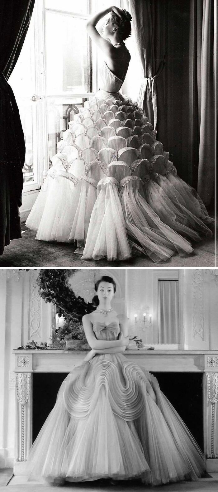 Two women modeling historical garments with intricate tulle skirts and elegant bodices in vintage black and white photos.