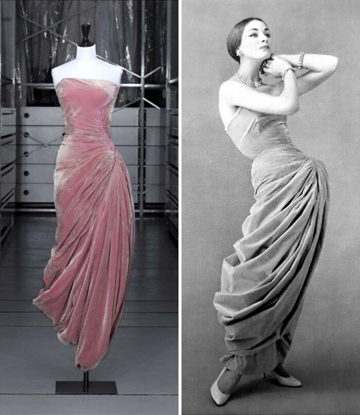 Vintage pink velvet gown displayed on mannequin and worn by model, showcasing elegant historical garment style and draping details.