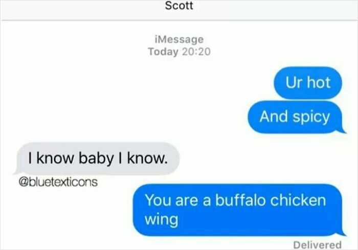 Screenshot of a hilarious text conversation including funny phrases like you are a buffalo chicken wing.