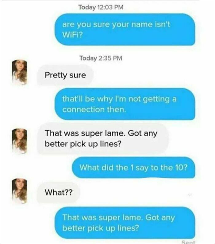 Funny text message conversation with hilarious pickup lines about WiFi and numbers in a playful chat exchange.