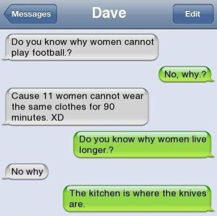 Text message screenshot showing a humorous conversation about women, football, and why women live longer.