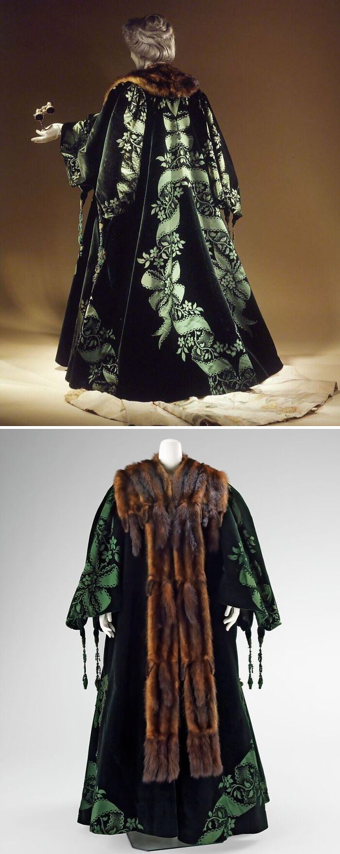 Luxurious historical garment with green velvet fabric and fur trim, featuring intricate floral and ribbon patterns.