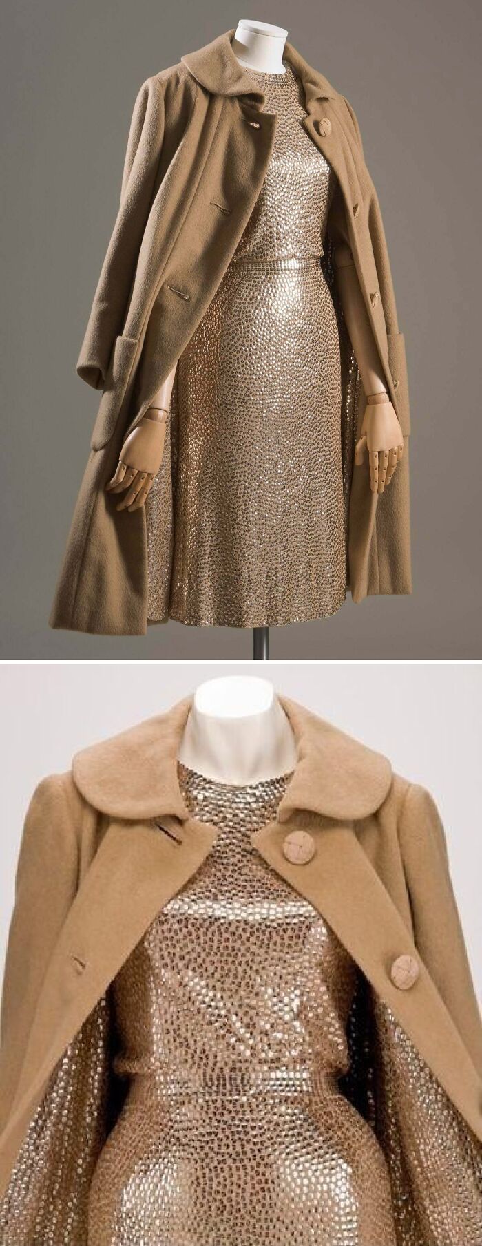Vintage sequin dress paired with a camel wool coat on a mannequin showcasing historical garments fashion.