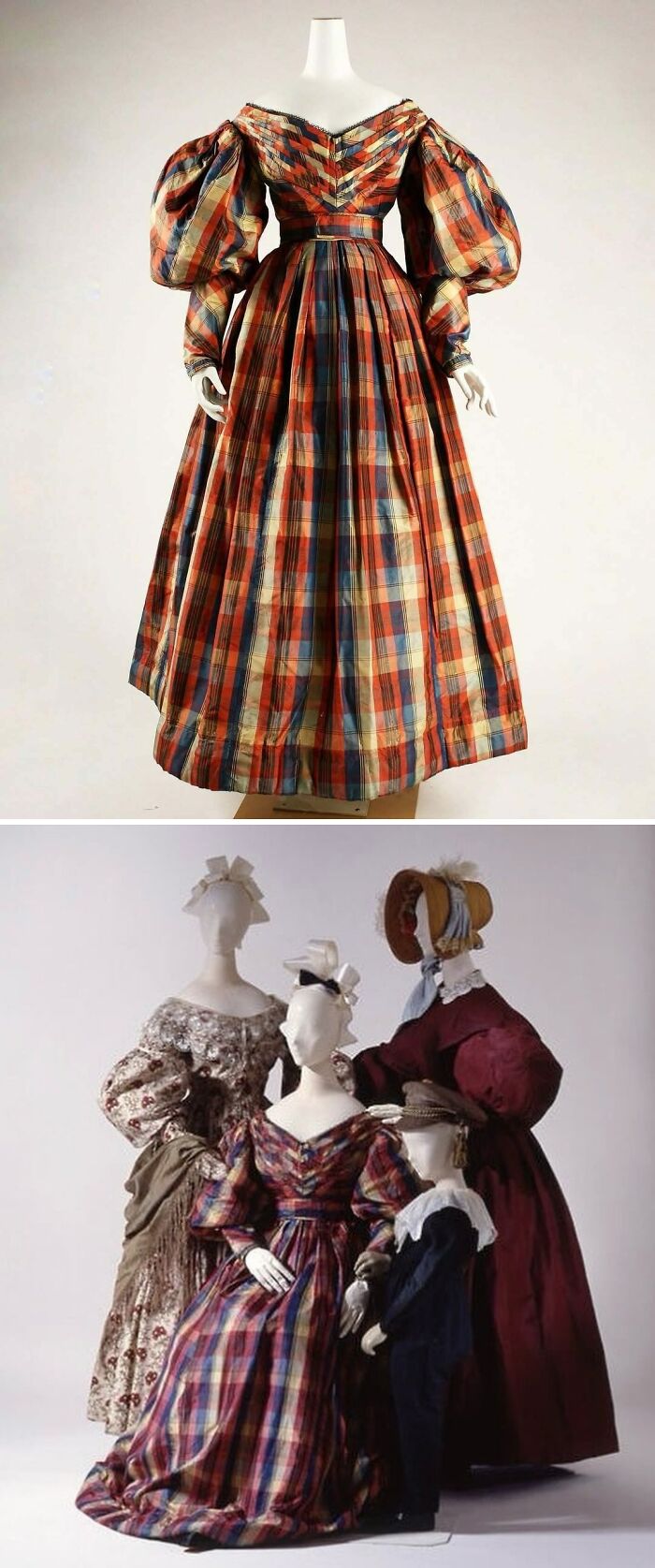 Plaid historical garments with puffed sleeves on mannequins showcasing vintage fashion styles from the 19th century.