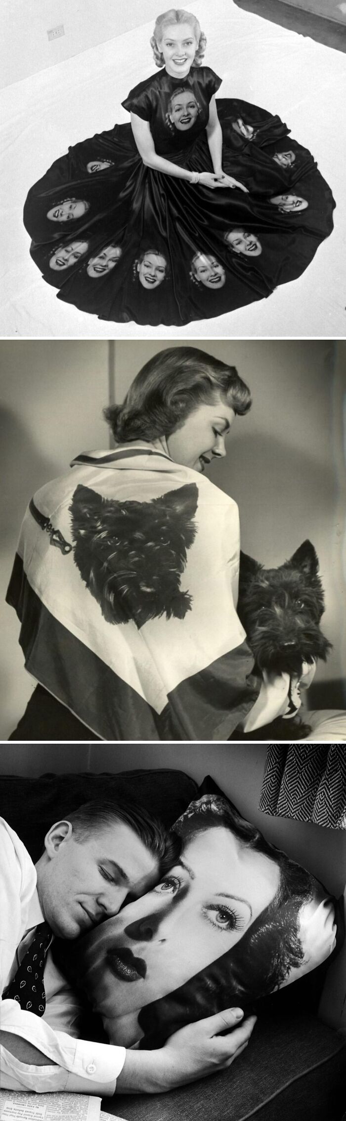 Vintage historical garments featuring bold printed portraits on dress, shawl, and pillow from mid-20th century fashion.