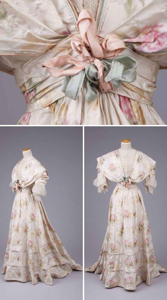Vintage floral historical garment with bow detail, lace sleeves, and flowing skirt from a curated collection of historical garments.