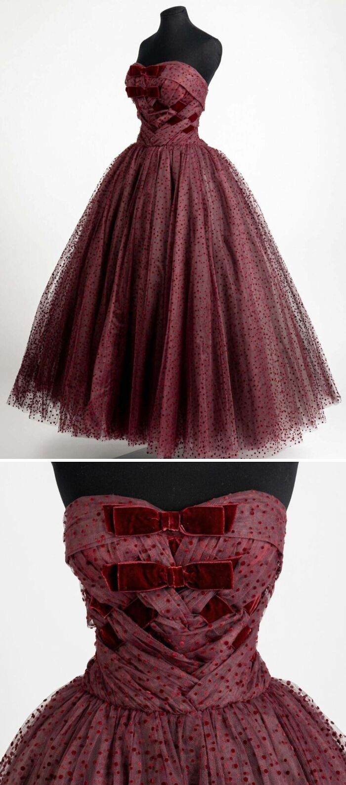 Vintage historical garment, burgundy velvet bow dress with polka dot tulle skirt on a black mannequin.