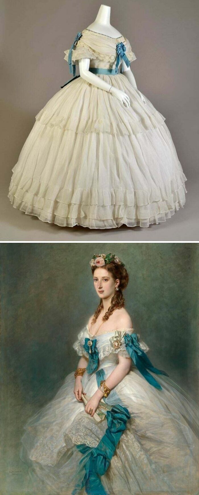 Victorian-era historical garments featuring elaborate white dresses with blue ribbon accents and detailed lace designs.