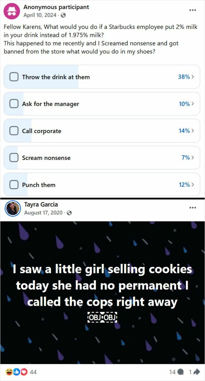 Facebook group posts showing weird and funny internet moments with polls and personal stories.