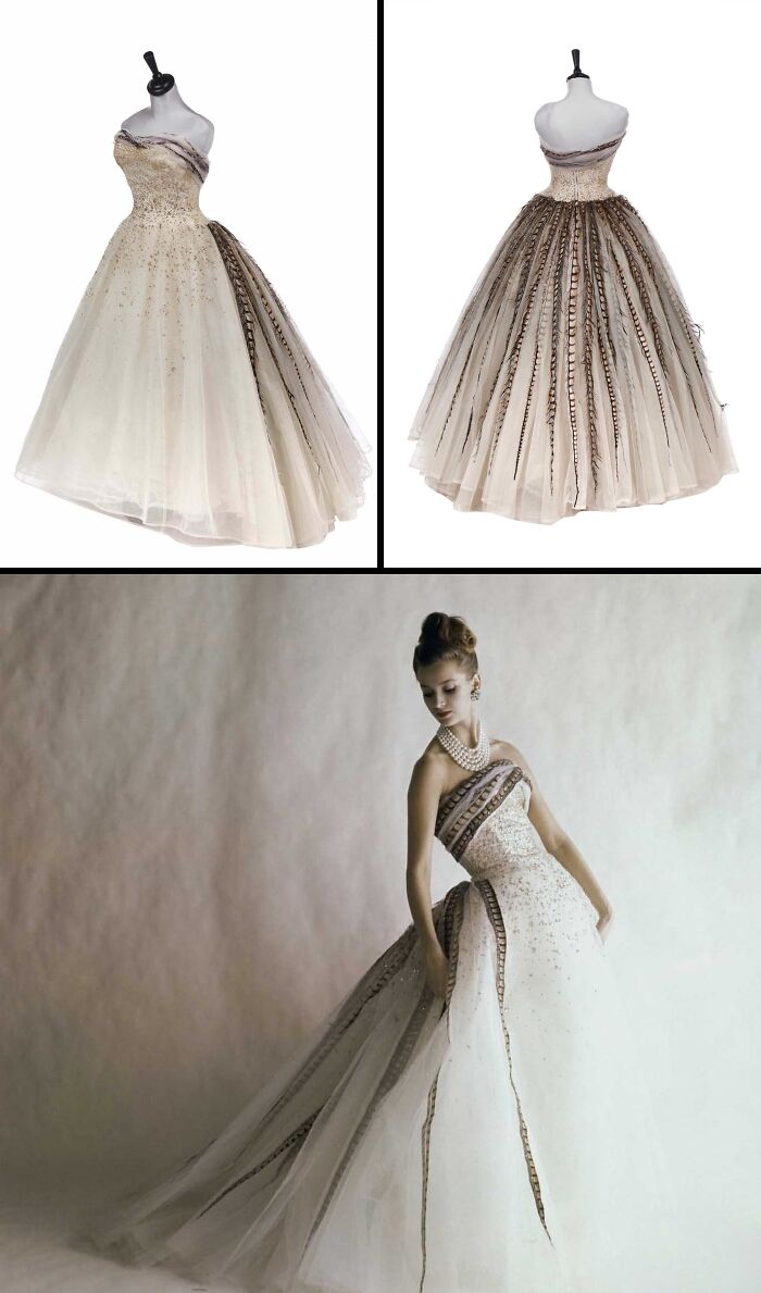 Elegant historical garment with feather details, tulle skirt, and strapless design showcased on mannequin and model.