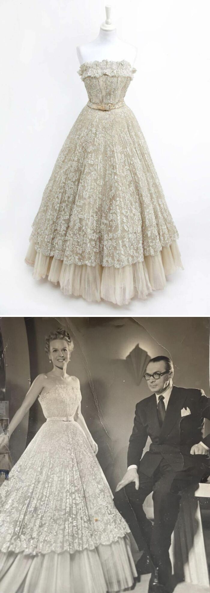 Vintage historical garment strapless ball gown with intricate lace and tulle skirt displayed on mannequin and worn by model.