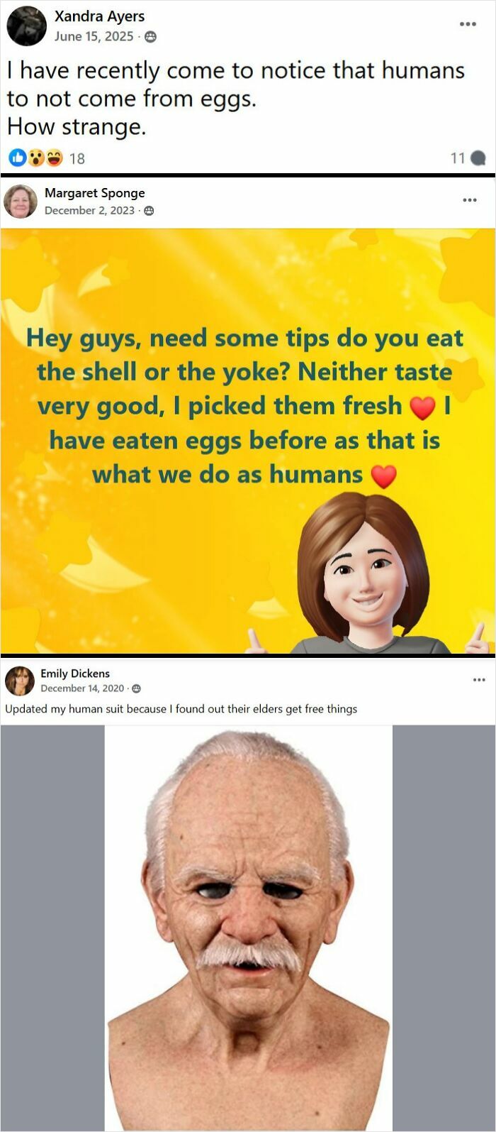 Facebook group posts showing weird and funny internet moments with egg debates and humorous human suit mask.