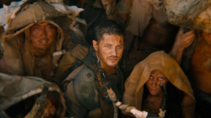 Tom Hardy as Max Rockatansky in Mad Max: Fury Road among other characters, showcasing nonsensical movie details.