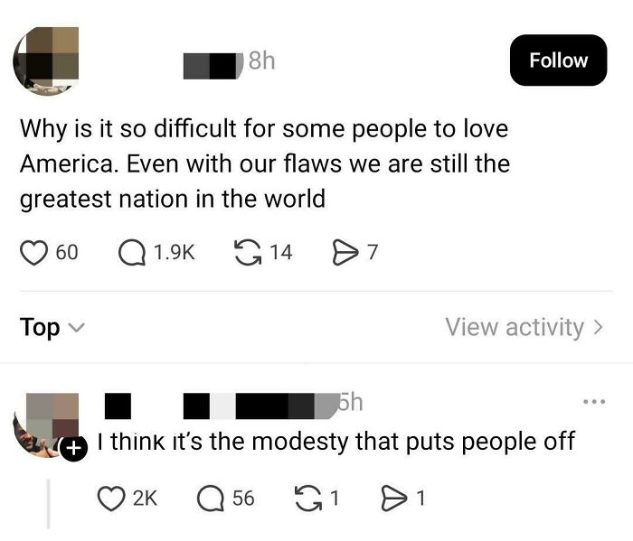 A social media post where an American boasts about USA, receiving a sarcastic reply about modesty.