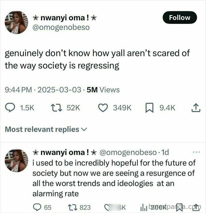 Tweet from Black Twitter expressing concern about society regressing, highlighting relatable and humorous posts trending online.