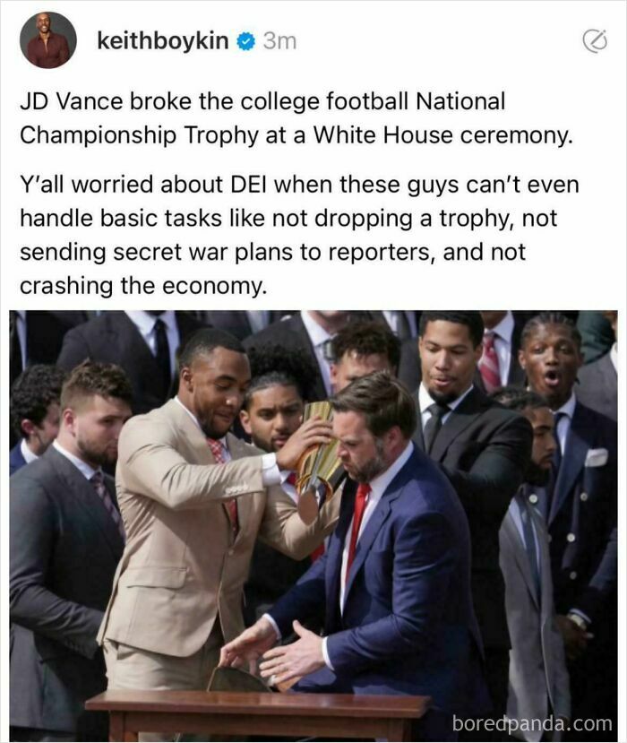 Screenshot of a Black Twitter post humorously discussing a broken National Championship Trophy at a White House ceremony.