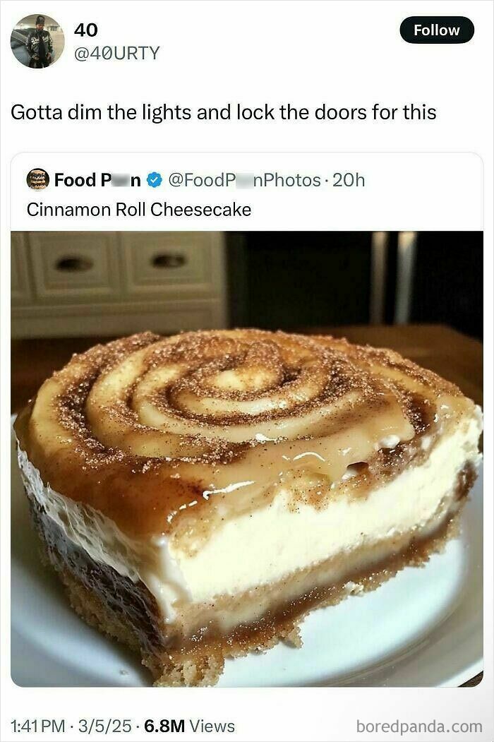 Close-up of a cinnamon roll cheesecake with creamy layers, featured in hilarious and relatable posts from Black Twitter.