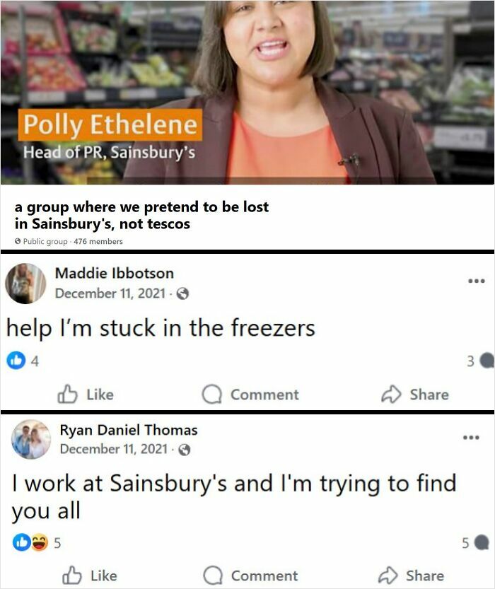 Screenshot of humorous Facebook posts in a group about Sainsbury's showing odd and funny internet interactions.