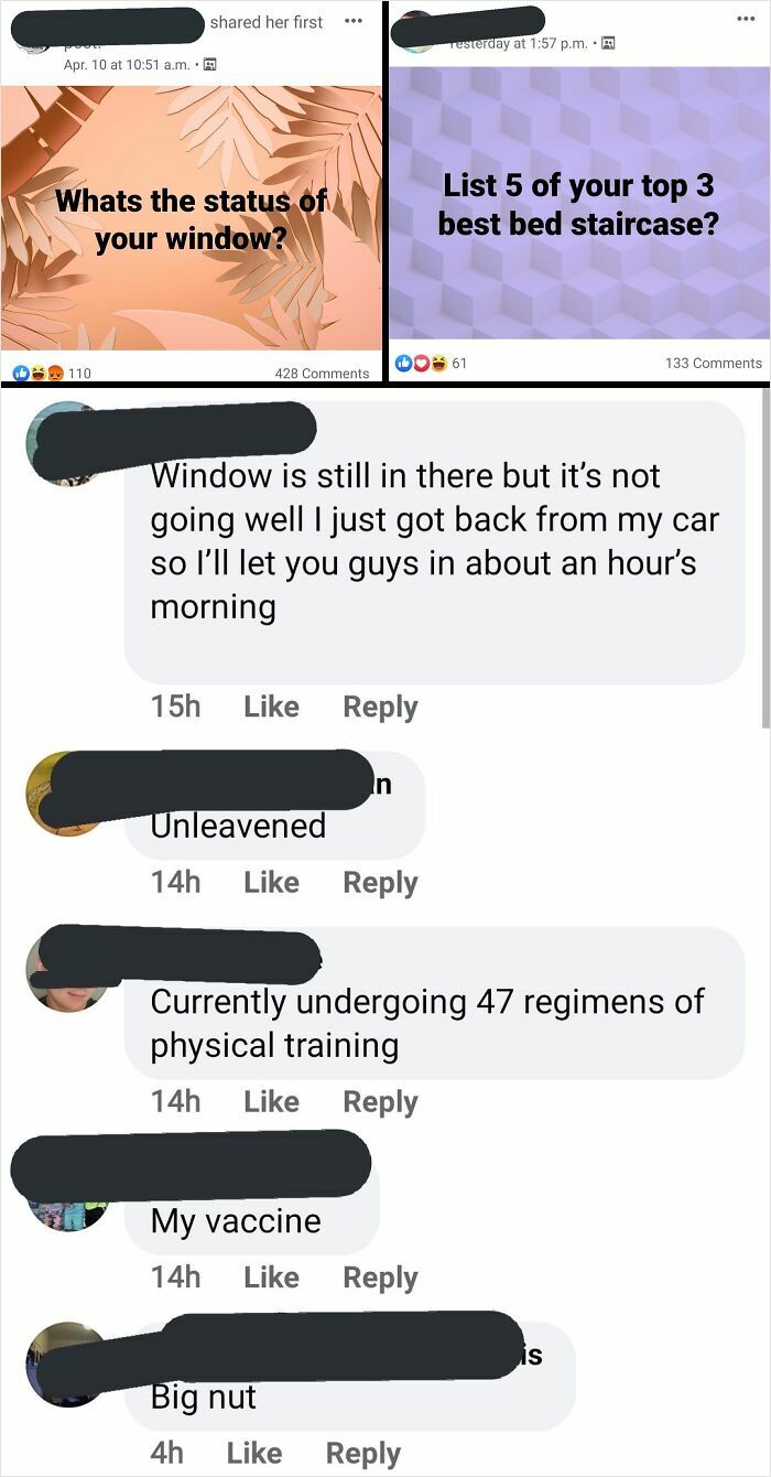 Facebook group posts showing quirky questions and humorous replies illustrating why people love weird internet communities.