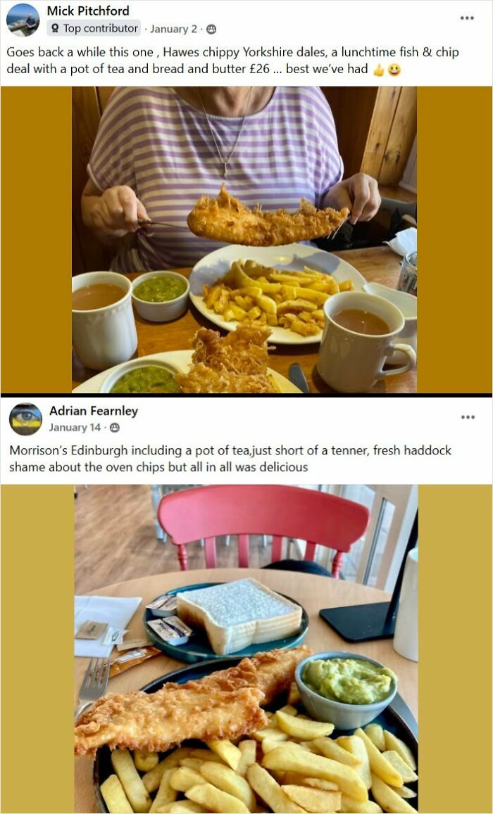 Two Facebook posts showing classic fish and chips meals with tea and mushy peas from popular UK spots in engaged Facebook groups.