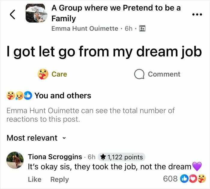 Facebook group post about losing a dream job with supportive comments, illustrating weird internet communities.
