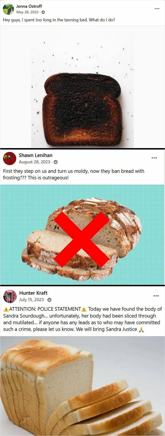 Facebook group posts showing weird bread photos including burnt, banned, and sliced bread, highlighting internet humor.